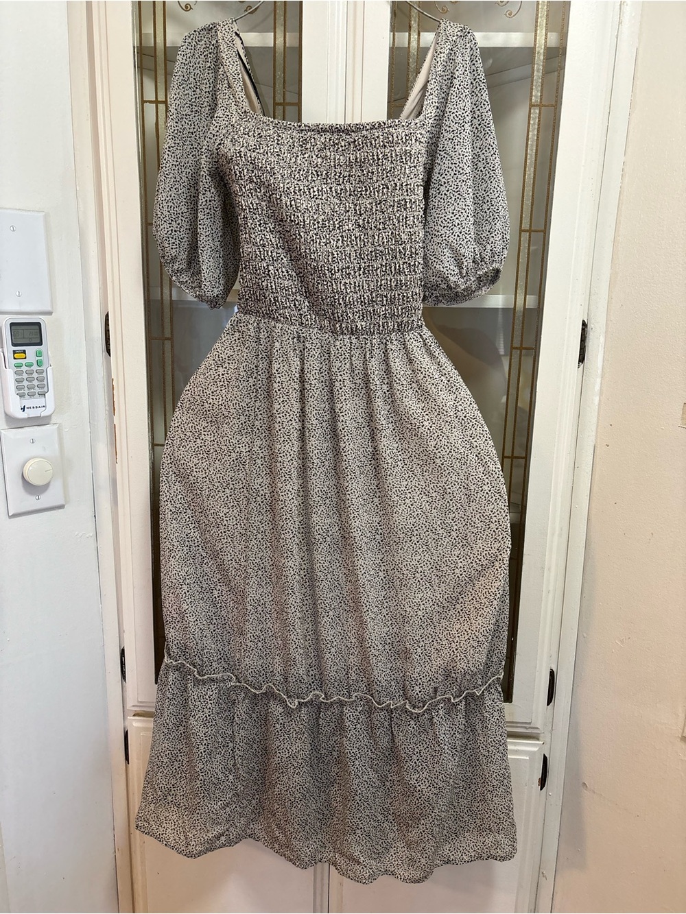 Sienna Sky Smocked Square-Neck Midi Dress in Light Taupe Print - Picture 2 of 7